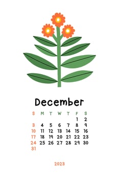 Beautiful Floral Calendar - December 2023. Botanical printable Vector template. Monthly calendar with hand drawn Flower.