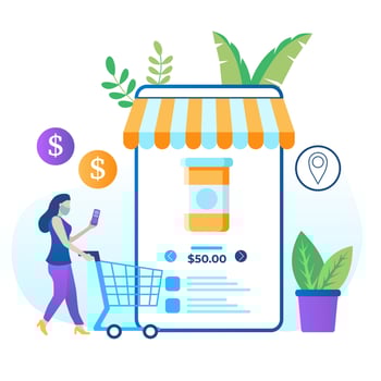 E-shop, shopping concept with characters. Commercial checkout pay, ecommerce retail on device for customer application. Discount for woman smart purchasing. Flat vector illustration