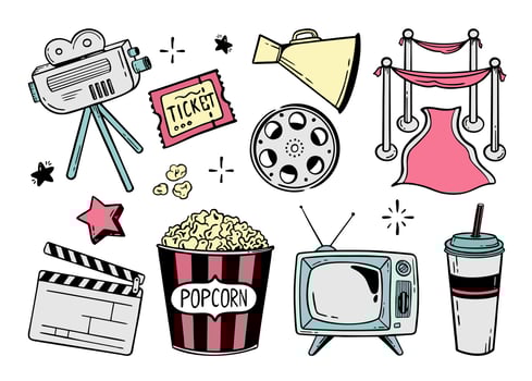 Movie theater set of elements doodle line for festivals and holidays Vector illustration in the style of doodle isolated on a white background
