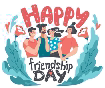 Friendship day banner or card template with group of friends or mates holding hands, chatting and hugging. People communications and frienfly relationships. Flat vector illustration isolated.