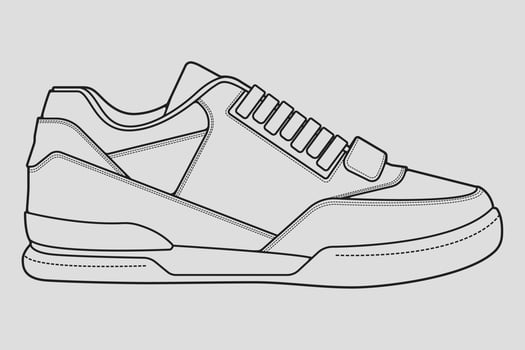 Shoes sneaker outline drawing vector, Sneakers drawn in a sketch style, black line sneaker trainers template outline, vector Illustration.