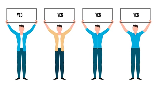man holding Yes sign board flat character illustration, people holding board business character vector illustration on white background.