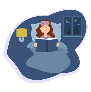 Night reading.A girl reading a book before bedtime. Woman lies in bed on a pillow, covered with a blanket. Vector illustration