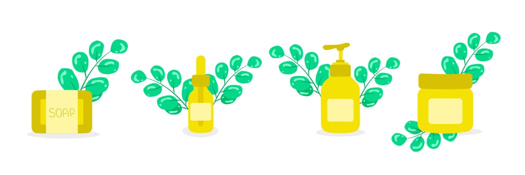 Set Natural Organic Cosmetics Products in Bottles Jars and Tubes for Skin Care Skincare Routine Herbal Cosmetics Liquid Soap Cosmetics Eco Friendly Product Skin Care Body and Face Skin vector