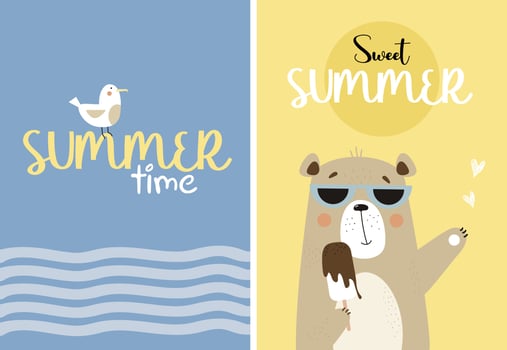 Cute bear in sunglasses with ice cream and seagull. Set of summer postcards Sweet summer and summer time. Vector illustration. Cute baby collection. For design, printing and decor, posters, covers