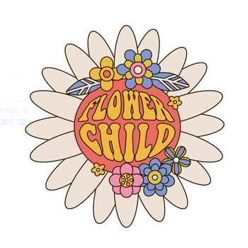 Flower child - Seventies retro flower power lettering slogan with hippie groovy flowers in circle print in shape of big daisy for girl tee t shirt and sticker. Vevrabt linear Vector illustration.