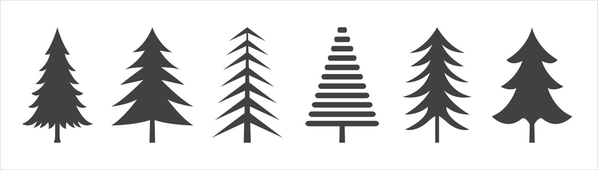 Christmas Tree Icons Vector Black Silhouette On White Background.