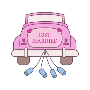Wedding car rental color icon. Rent auto. Just married car. Newlywed. Wedding vintage cabriolet. Automobile hiring services. Isolated vector illustration