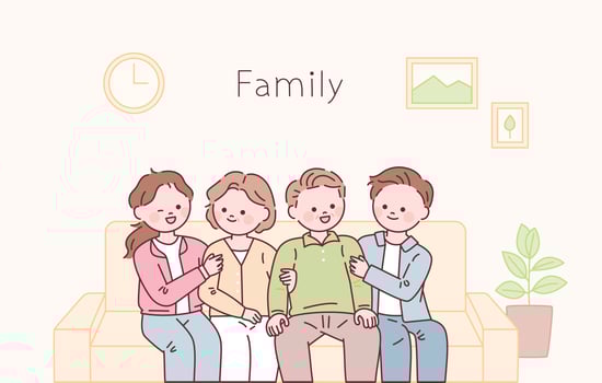 Mature child and elderly parent sitting together on sofa, looking at each other and smiling happily. vector