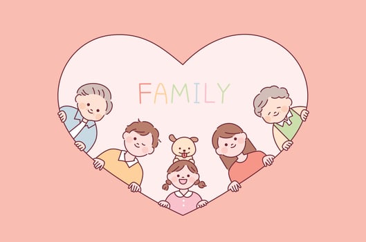 Grandfather, grandmother, dad, mom, daughter and dog smiling with their faces behind a heart frame. vector
