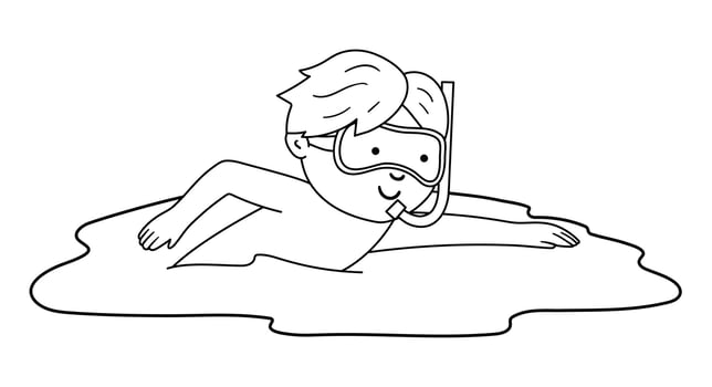 Vector black and white kid swimming in the sea. Child doing beach activity outline. Cute boy in the water with diving mask and snorkel. Fun summer coloring page for kids
