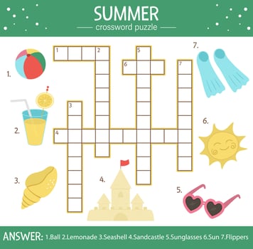 Vector summer crossword puzzle for kids. Simple quiz with beach objects for children. Educational sea vacation activity with cute funny characters
