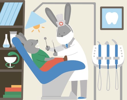 Vector dental clinic cabinet. Funny animal dentist doctor treating patient teeth in medical office. Dentistry interior flat illustration for kids. Tooth care concept