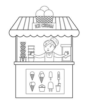 Vector black and white ice cream stall with seller. Line ice-cream stand illustration. Beach dessert shop contour. Cute summer coloring page for kids.