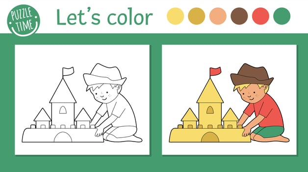 Summer coloring page for children. Cute funny kid building sandcastle. Vector beach holidays outline illustration. Sea vacation color book for kids with colored version and example