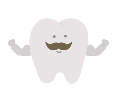 Cute kawaii strong tooth with muscles. Vector teeth icon for children design. Funny dental care picture for kids. Dentist baby clinic clipart with mouth hygiene concept on white background.