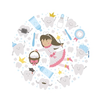 Vector round frame with cute tooth fairy. Card template with kawaii fantasy princess, funny smiling toothbrush, baby, molar, toothpaste, teeth. Funny dental care picture for kids framed in circle.