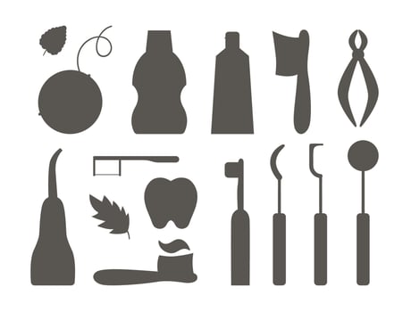 Tooth care tools vector silhouettes set. Collection of elements for cleaning teeth. Dentistry equipment isolated on white background. Toothpaste, brush, floss illustration. Dentist shadow icons pack