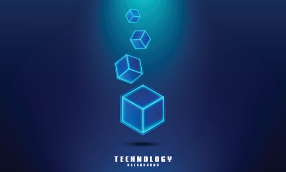Vector realistic 3d cubes with blue glowing on dark blue background.