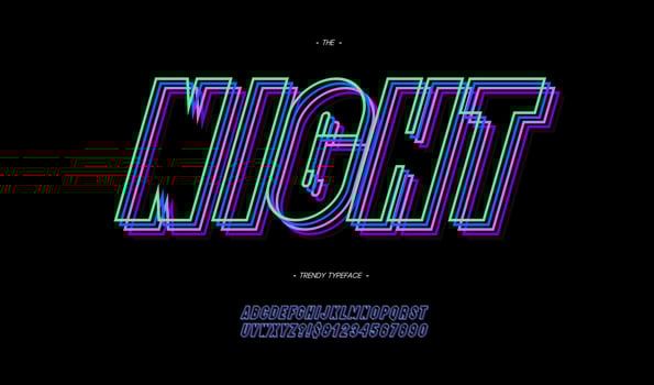 Vector night font 3d bold neon line style