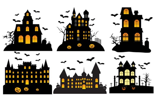 Halloween haunted house set isolated on white background. Vector illustration
