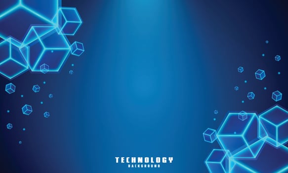 Vector realistic 3d cubes with blue glowing on dark blue background.