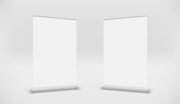 Wide paper roll banners in perspective. 3d vector illustration