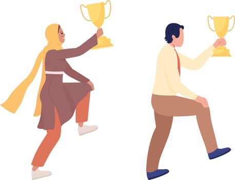 People with golden trophy prize semi flat color vector character set
