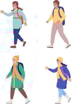 Young refugees looking for help semi flat color vector character set