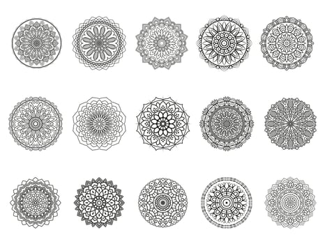 15 Mandala Circular pattern design set for Henna, Mehndi, tattoo, decoration. Decorative ornament in ethnic oriental style. Coloring book page Bundle vector