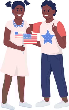 Kids with National American flag semi flat color vector characters