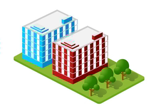 Isometric houses, town houses, skyscrapers and streets made in perspective projection for design sites, business portals and real estate agencies vector