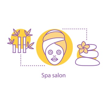 Spa salon concept icon. Wellness. Body care services. Stones massage, facial mask. Vector isolated outline drawing