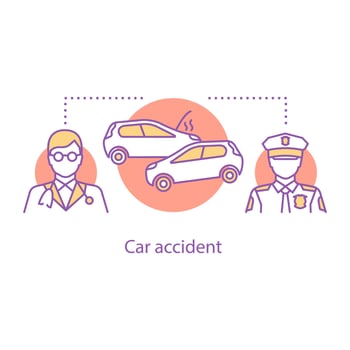 Car accident concept icon. Health insurance idea thin line illustration. Car crash compilation. Police and medical service. Vector isolated outline drawing