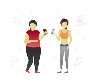 Fat and thin women flat character design. Girls diet choice. Unhealthy and healthy lifestyle. Overweight, obesity problem. Vector isolated illustration