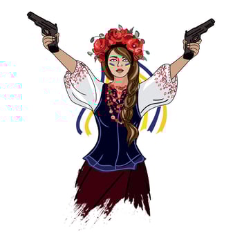 Ukrainian armed woman vector illustration.Woman activist in national dress and wreath of flowers isolated on white background.War in Ukraine