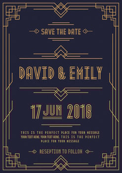 art deco vintage wedding invitation template with gold color frame line style vector