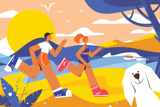 Young Energetic Couple Running Seaside Flat Illustrator vector
