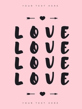 Valentines greeting card with sign love on pink background for special offer, party poster, banner vector