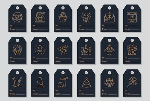 Christmas tags set gold color style with santa, snowman, wreath, deer, calender, gift vector
