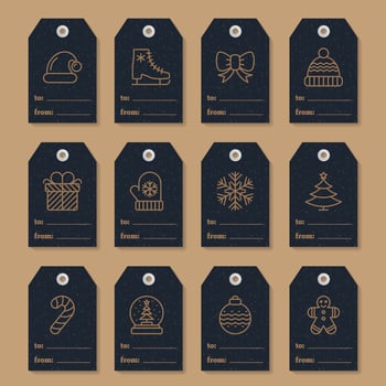 Christmas tags set with santa hat, knot bow, gift, mitten, snowflake, tree, sweet candy vector