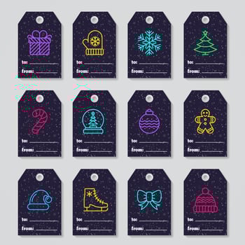 Christmas tags set with gift, mitten, snowflake, tree, sweet candy, ball vector