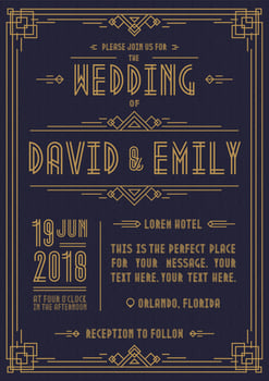 Wedding invitation card art deco style gold color on cyan background with frame vector