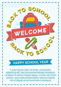 Back to school card with color emblem consisting of school backpack, pen and pencil vector