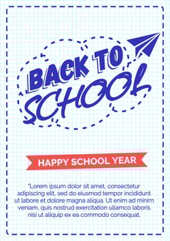 Back to school card with cyan color emblem consisting of paper plane vector