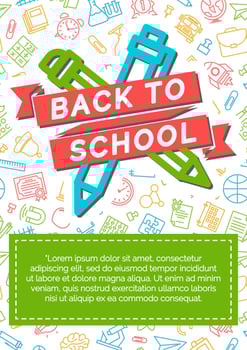 Back to school card with color label consisting of icon pen, pencil and ribbon vector