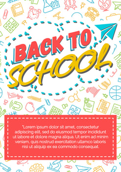 Back to school card with color label consisting of paper plane on supplies different color background vector