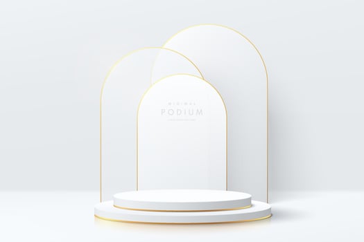 Realistic white and gold cylinder pedestal podium with geometric arch shape scene. Vector abstract room with 3D geometric forms. Luxury minimal scene for mockup products showcase, Promotion display.