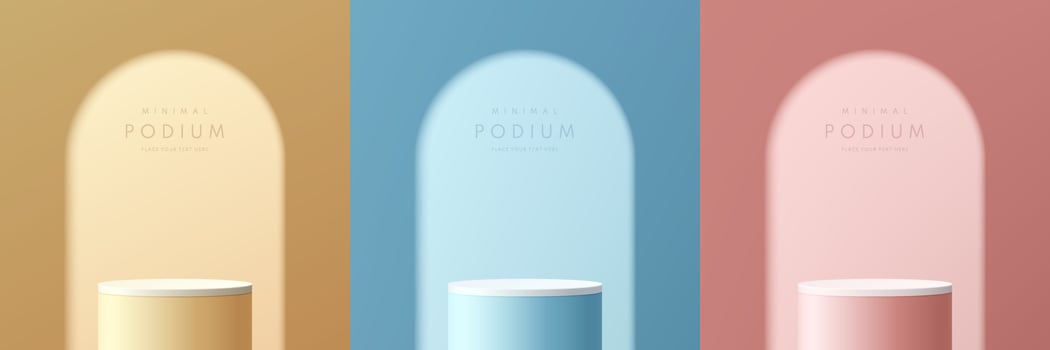 Set of pink, yellow, blue and white realistic 3d cylinder stand podium with shadow of arch window. Vector abstract room with geometric forms. Minimal scene for products showcase, Promotion display.