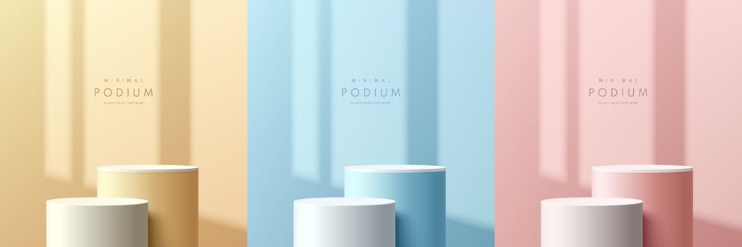 Set of pink, yellow, blue and white realistic 3d cylinder stand podium with window shadow overlay. Vector abstract room with geometric forms. Minimal scene for products showcase, Promotion display.